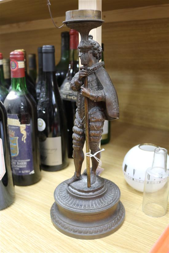 A late 19th century French bronzed spelter timepiece lamp H.45cm.